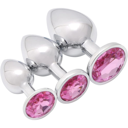 Başlangıç ve İleri Seviye Genişletmek İçin 3 Farklı Boyutta Pembe Mücevher Taşlı Metal Anal Plug Eğitim Set - Gümüş