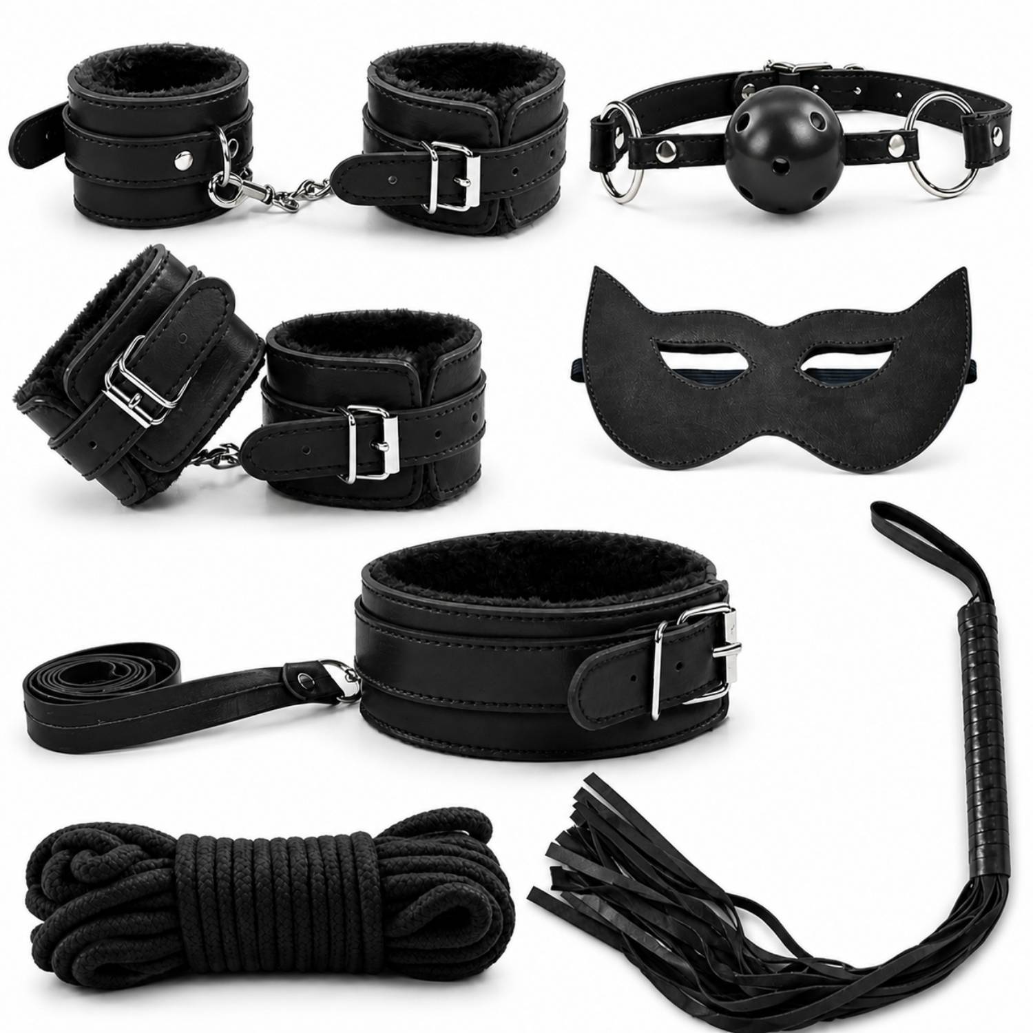 Fetish Beginner  7 Parça BDSM Set - El Ayak Tasma Bağlama İpi Ağız Topu Maske Kırbaç Fantezi Takım - Siyah