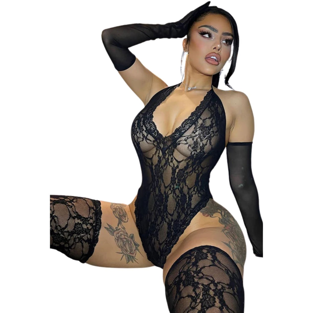 Sens Fantezi İç Giyim Seksi Dantel Çoraplı Erotik Bodysuit Siyah - 79202