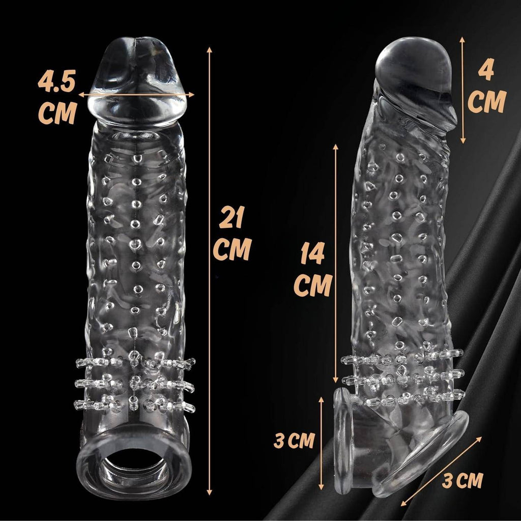 Gerçekçi Doku Penis Büyütücü ve Kalınlaştırıcı 4 CM Uzatmalı Şeffaf Realistik Penis Kılıfı 21 CM