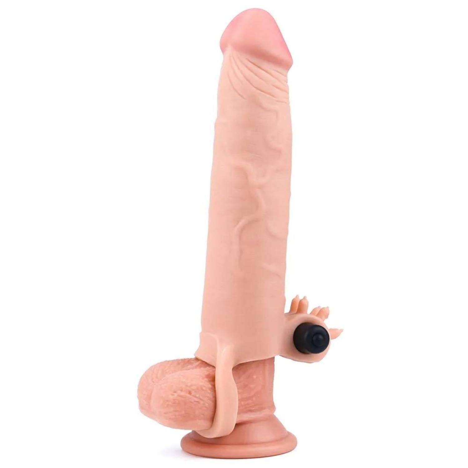 Gerçekçi Doku Penis Büyütücü Kalınlaştırıcı 7.5 CM Uzatmalı Klitoris Uyarıcı Titreşimli Realistik Penis Kılıfı 20 CM