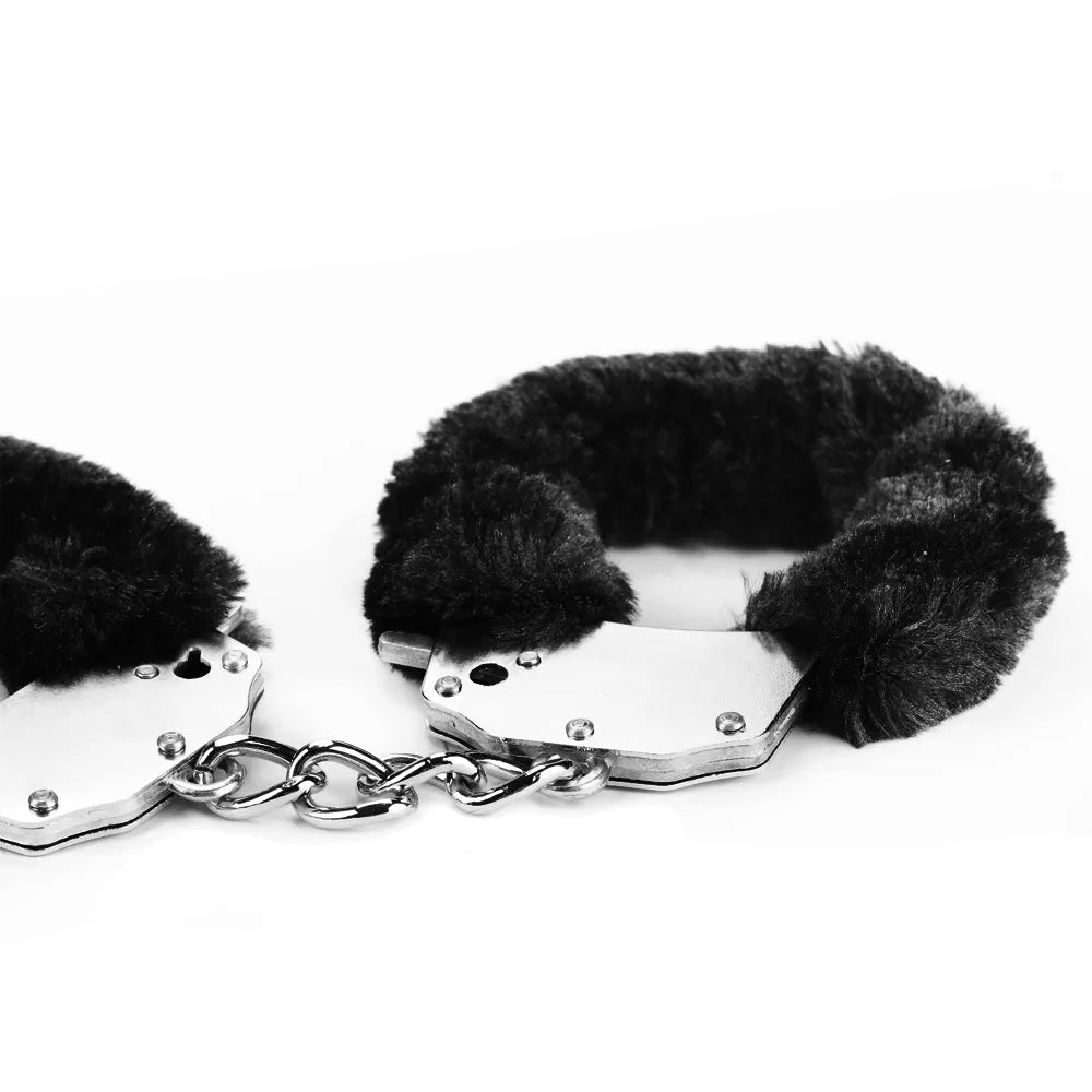 Profesyonel Polis Sınıfı Siyah Tüylü Fantezi Metal Kelepçe Double Lock Steel Police Edition Handcuffs