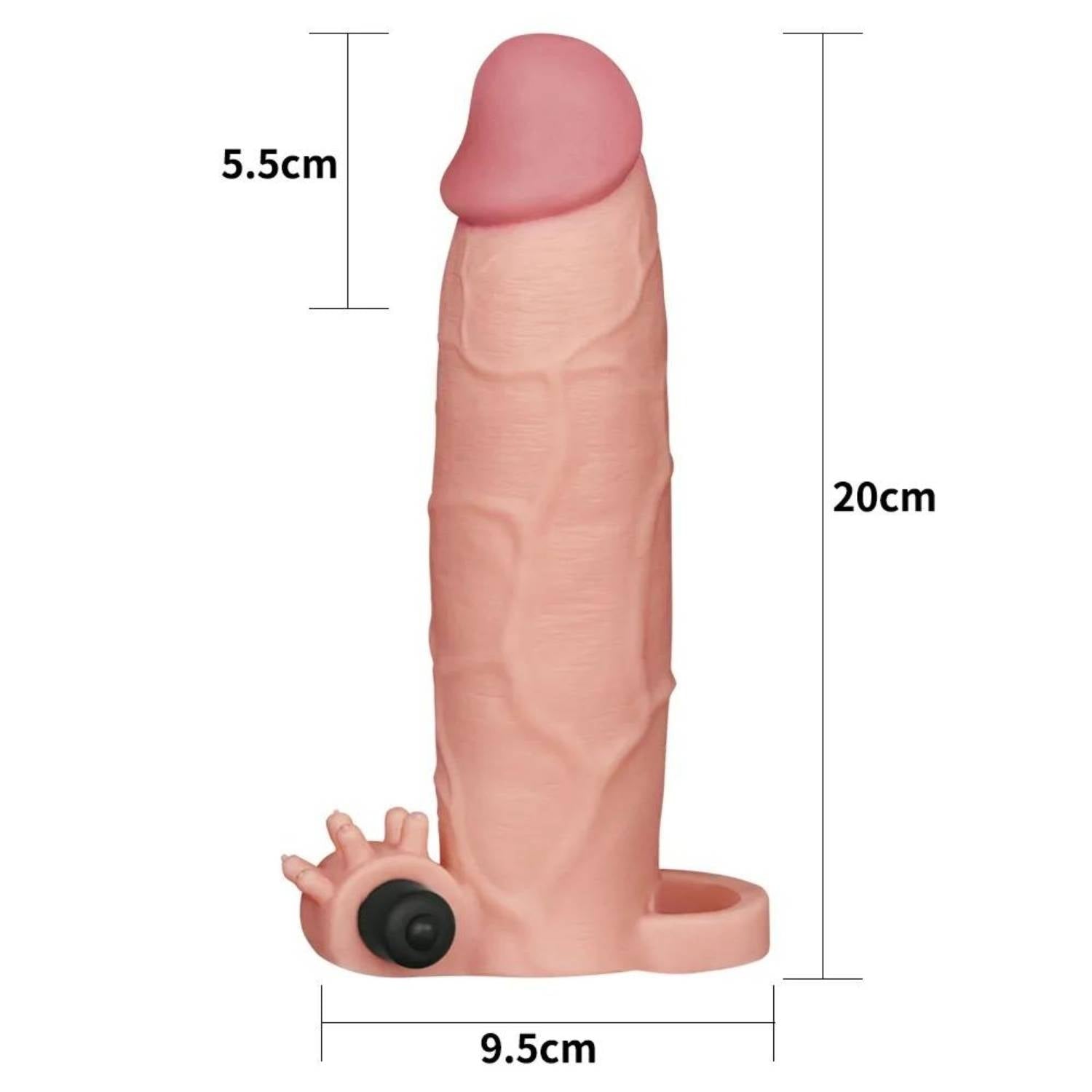Gerçekçi Doku Penis Büyütücü ve Kalınlaştırıcı 5.5 CM Uzatmalı Klitoris Uyarıcı Titreşimli Realistik Penis Kılıfı 20 CM