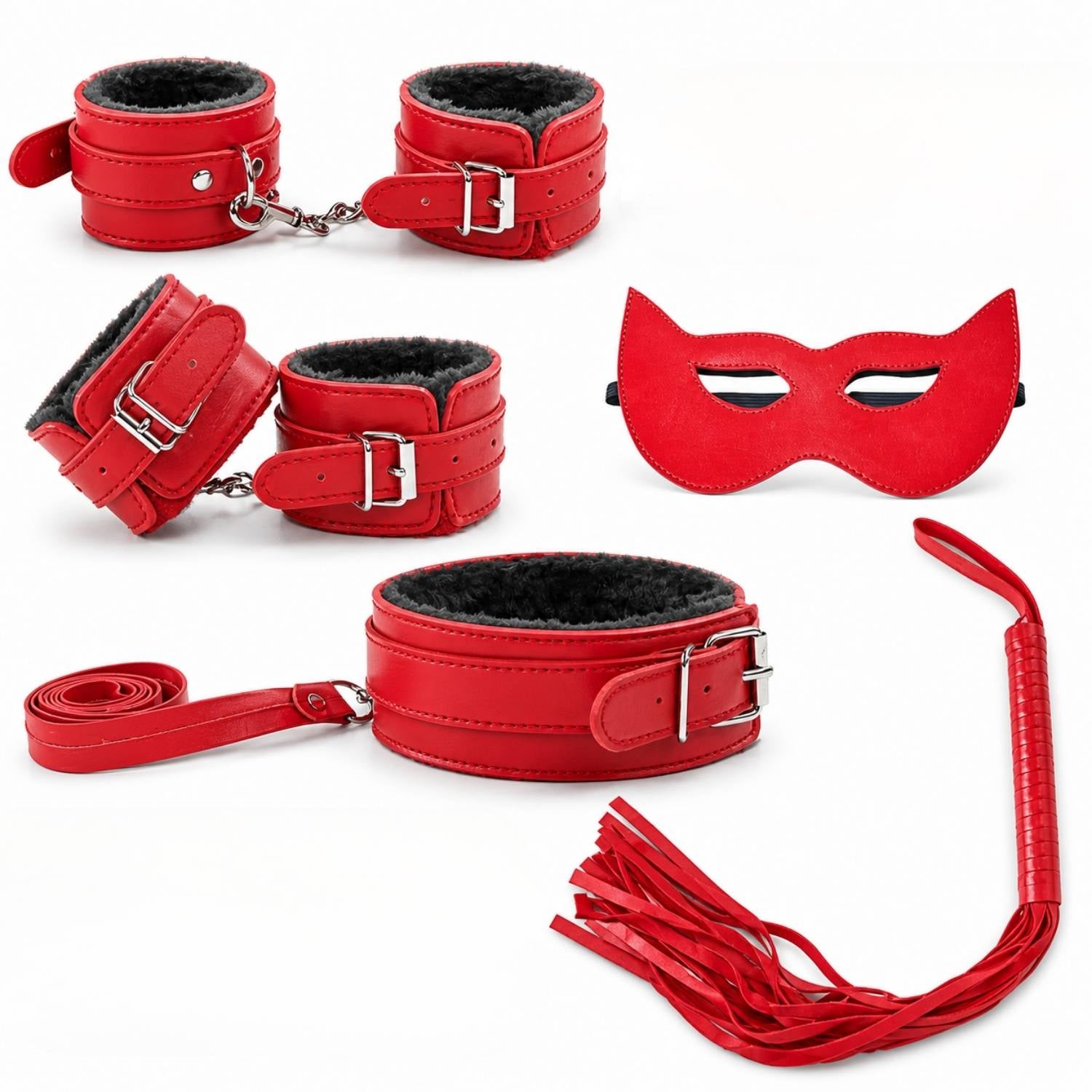 Fetish Beginner  5 Parça BDSM Set - El Ayak Tasma Maske Kırbaç Fantezi Takım - Kırmızı