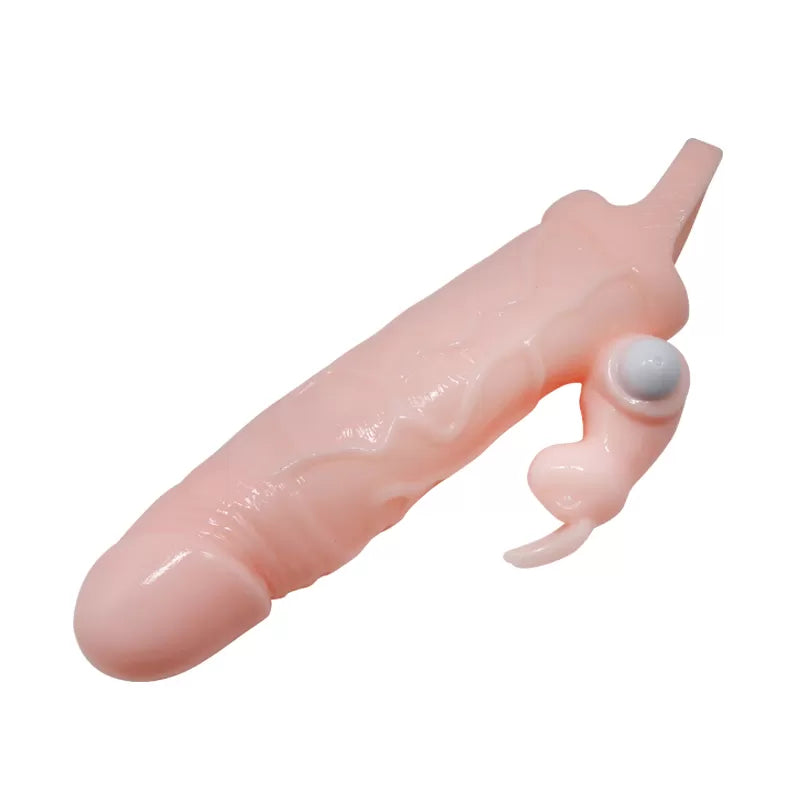 Brave Man - Uzatmalı Klitoris ve G-Spot Uyarıcı Titreşimli 2 in 1 Silikon Penis Kılıfı - Ten Rengi
