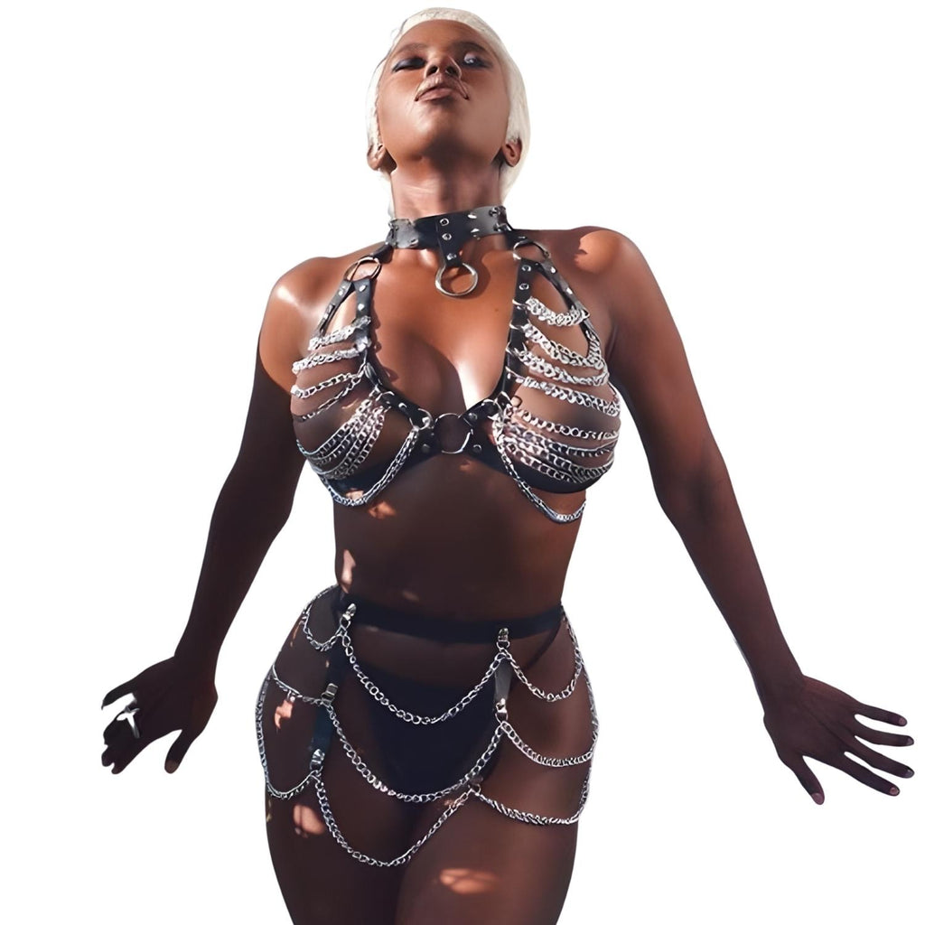 Sens Fantezi İç Giyim Zincirli Alt Üst Sütyen Erotik Takım Deri Fetiş Harness Set - J423