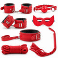 Fetish Beginner  7 Parça BDSM Set - El Ayak Tasma Bağlama İpi Ağız Topu Maske Kırbaç Fantezi Takım - Kırmızı