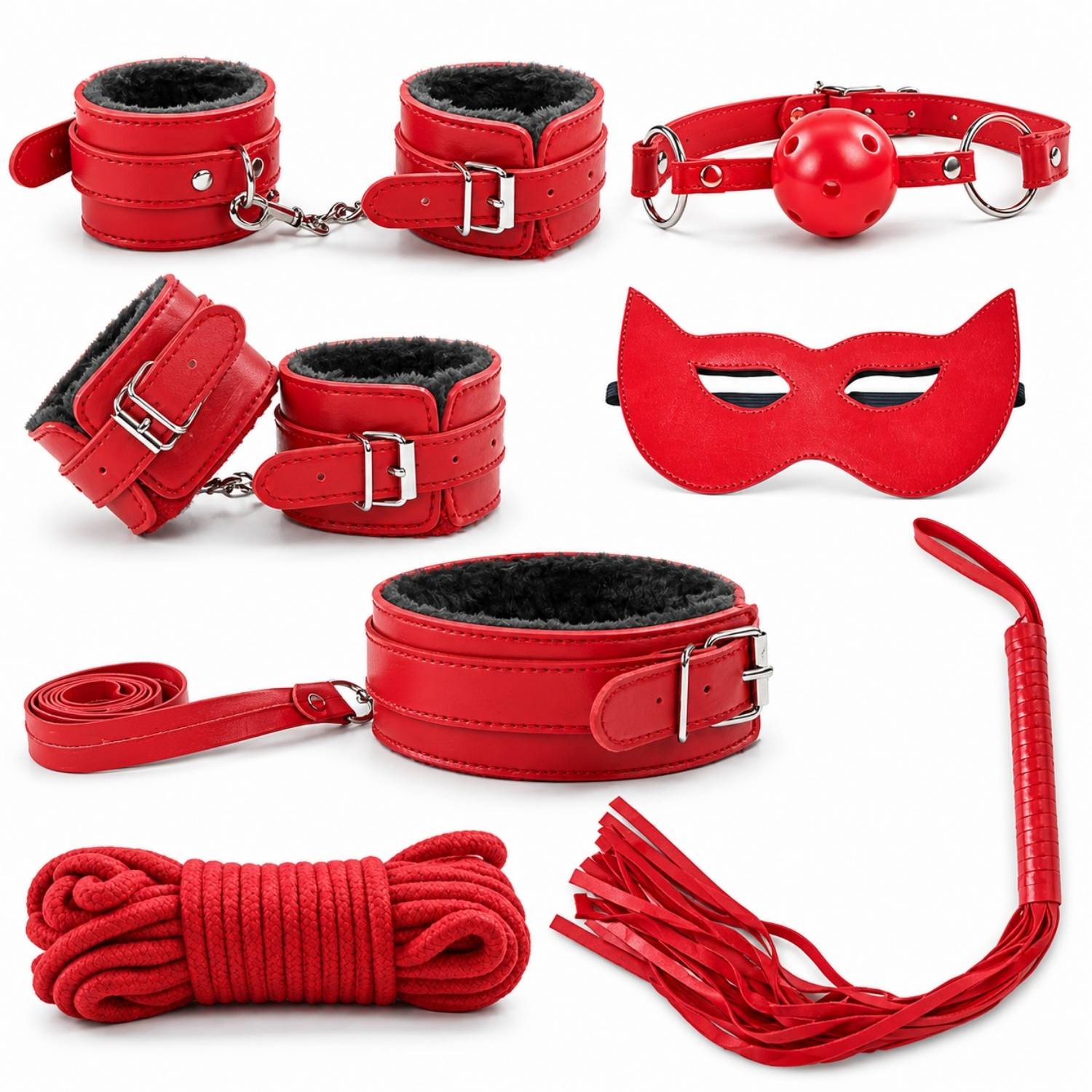 Fetish Beginner  7 Parça BDSM Set - El Ayak Tasma Bağlama İpi Ağız Topu Maske Kırbaç Fantezi Takım - Kırmızı