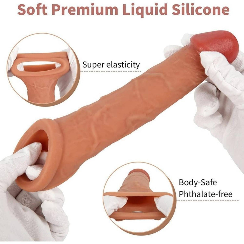 Gerçekçi Doku Penis Büyütücü ve Kalınlaştırıcı 5 CM Uzatmalı Testis Halkalı Realistik Penis Kılıfı 20 CM