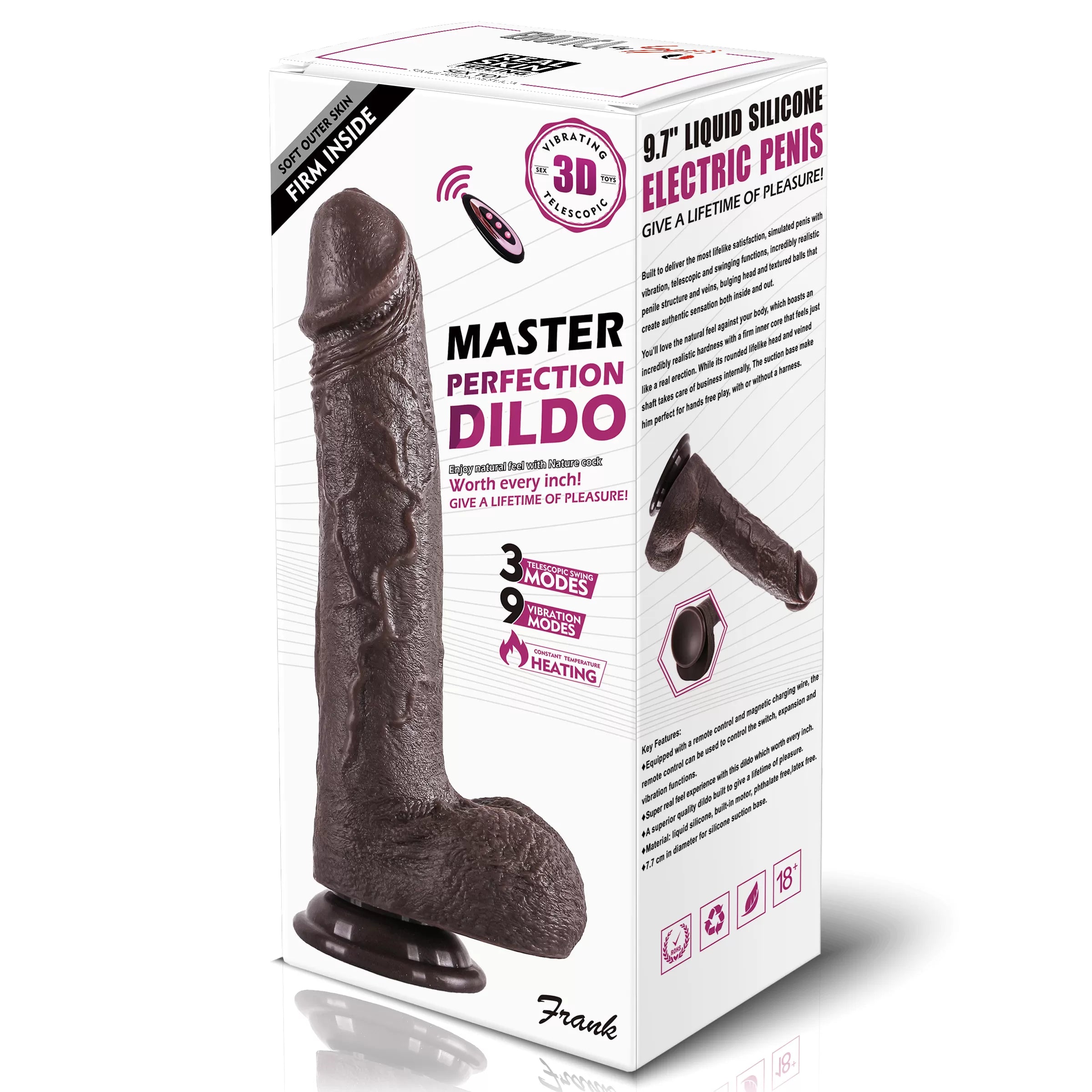 Frank - Şarjlı Uzaktan Kumandalı Isıtmalı İleri Geri Hareketli ve Rotasyonlu Realistik Dildo Gerçekçi Yapay Penis 25 CM