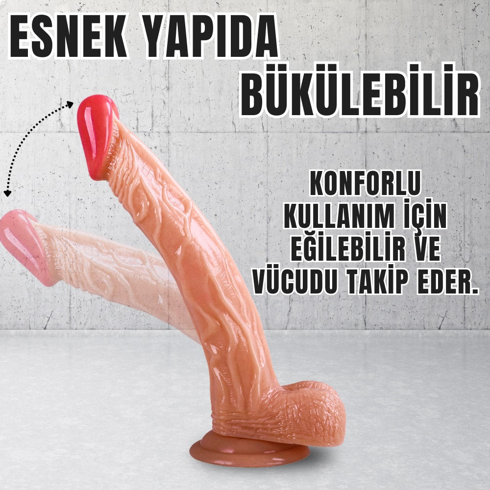 Güçlü Vantuzlu Eğik ve Damarlı Realistik Dildo Gerçekçi Yapay Penis 25x3.7 CM