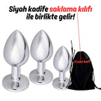 Başlangıç ve İleri Seviye Genişletmek İçin 3 Farklı Boyutta Pembe Mücevher Taşlı Metal Anal Plug Eğitim Set - Gümüş