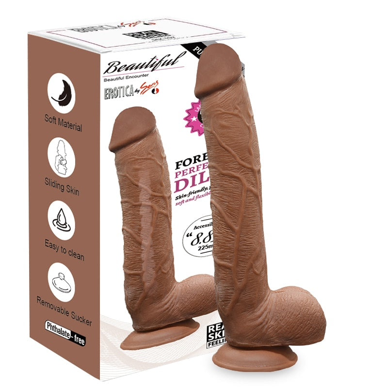 Hareketli Kayar Deri Çift Katmanlı Kıkırdaklı Realistik Dildo Ultra Yumuşak Siyahi Gerçekçi Yapay Penis 28x4.8 CM