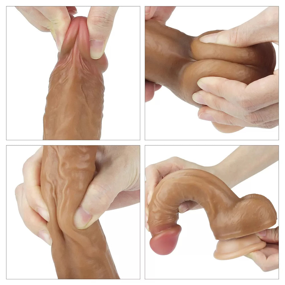Çift Katmanlı Yumuşak Doku Eğik Realistik Dildo Silikon Kavisli Gerçekçi Yapay Penis 22x3.8 CM