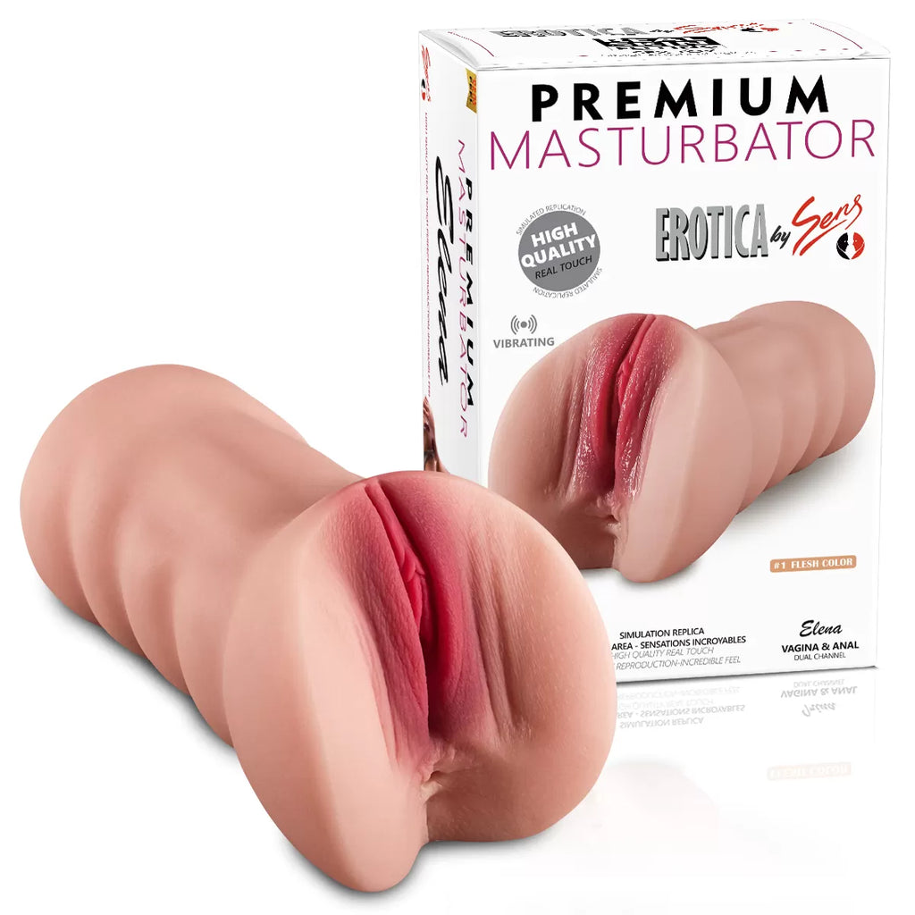 Elena - Realistik Doku Ten Rengi Anal Vajina Çift Girişli 2 in 1 Titreşimli Suni Vajina Mastürbatör 17.5 CM