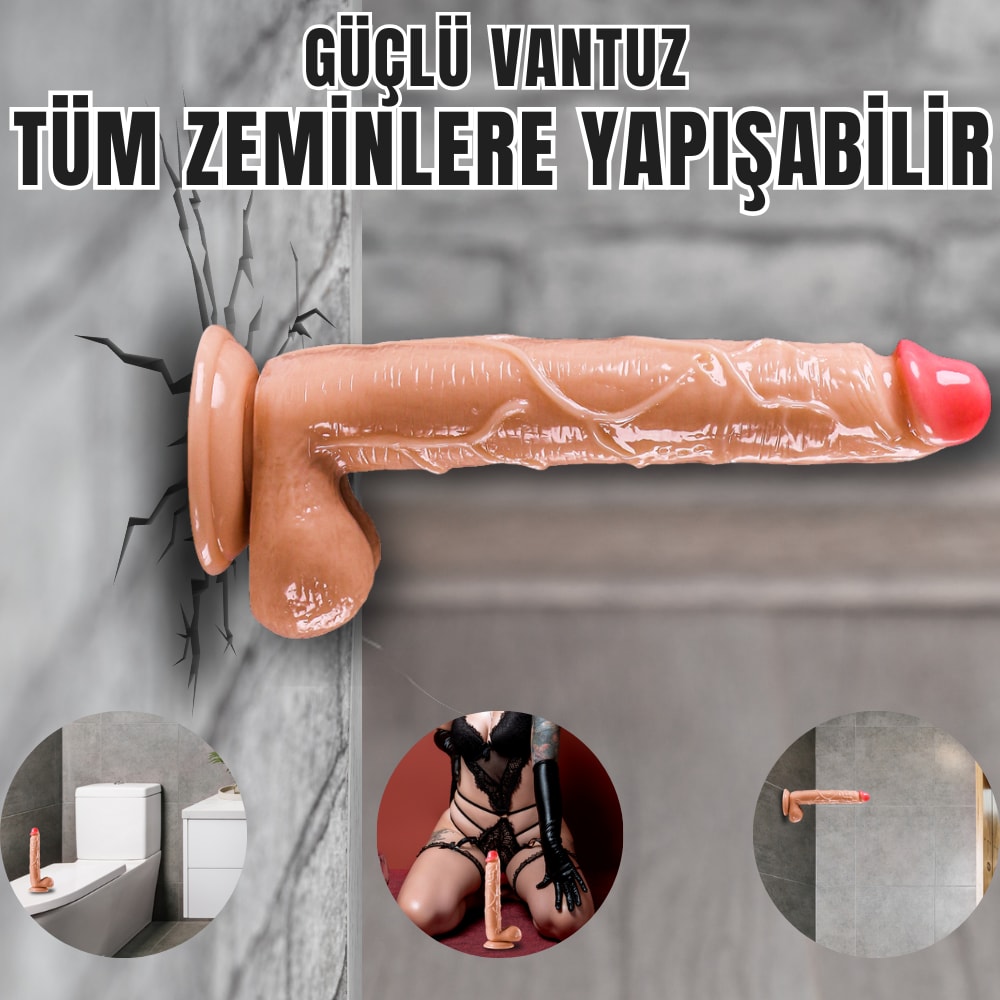 Güçlü Vantuzlu Damarlı Kalın Realistik Dildo Büyük Boy Gerçekçi Yapay Penis 27x4.5 CM