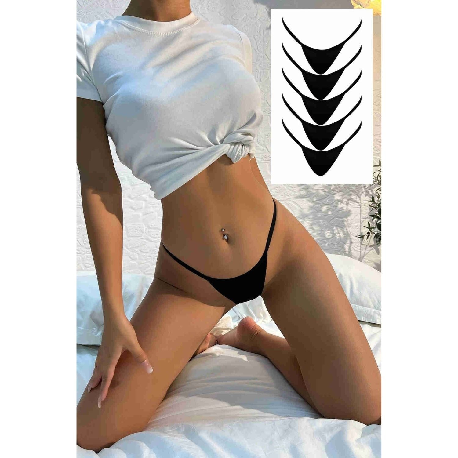 Sens Fantezi İç Giyim Solid G-String Lastikli Seksi Tanga 5'li Set Erotik İç Çamaşırı Siyah - 7520
