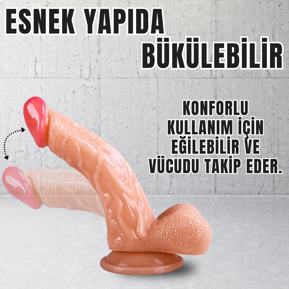 Güçlü Vantuzlu Eğik ve Damarlı Realistik Dildo Gerçekçi Yapay Penis 15x4 CM