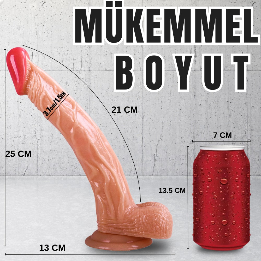 Güçlü Vantuzlu Eğik ve Damarlı Realistik Dildo Gerçekçi Yapay Penis 25x3.7 CM
