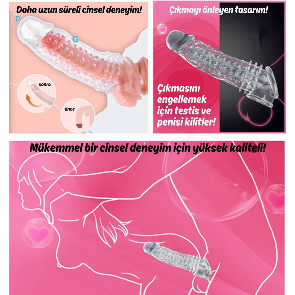 Gerçekçi Doku Penis Büyütücü ve Kalınlaştırıcı 4 CM Uzatmalı Şeffaf Realistik Penis Kılıfı 21 CM