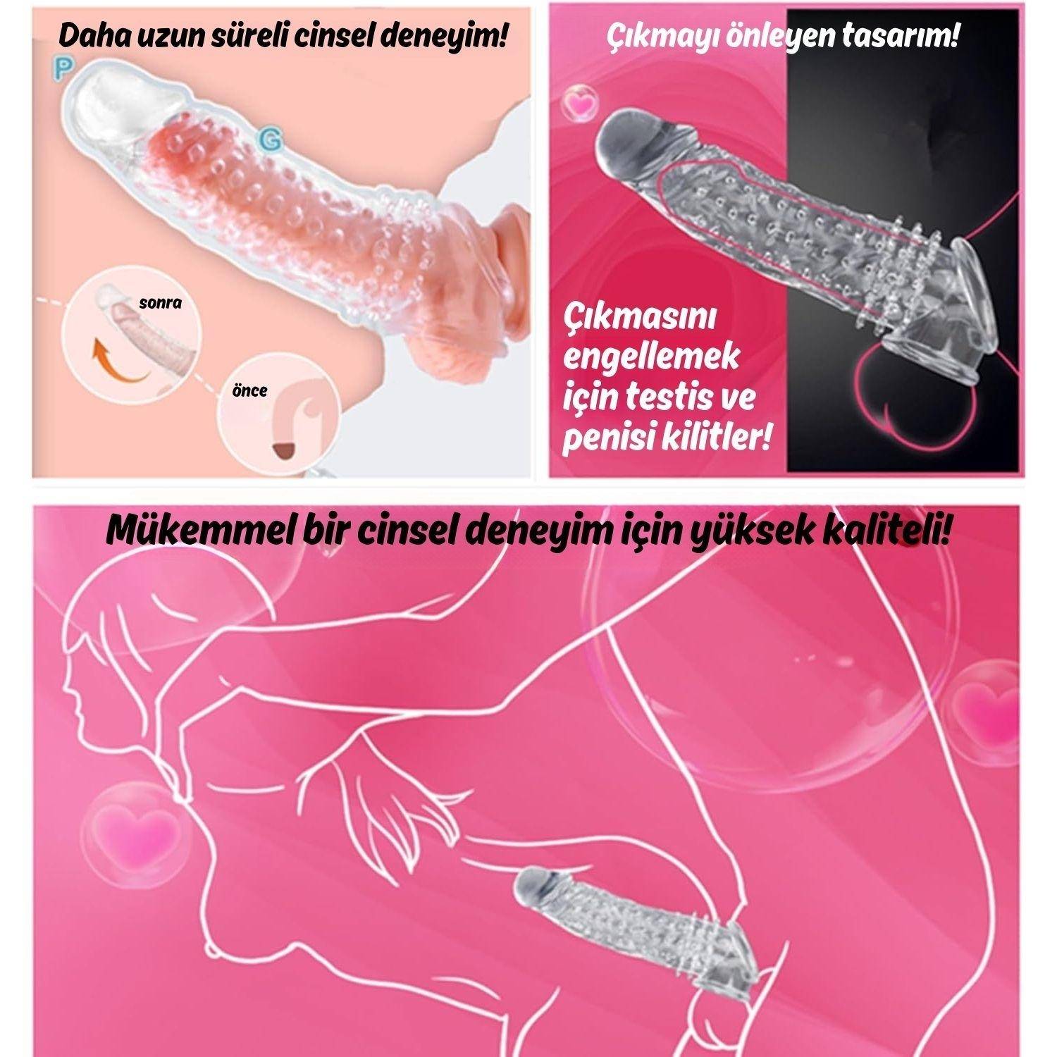 Gerçekçi Doku Penis Büyütücü ve Kalınlaştırıcı 4 CM Uzatmalı Şeffaf Realistik Penis Kılıfı 21 CM