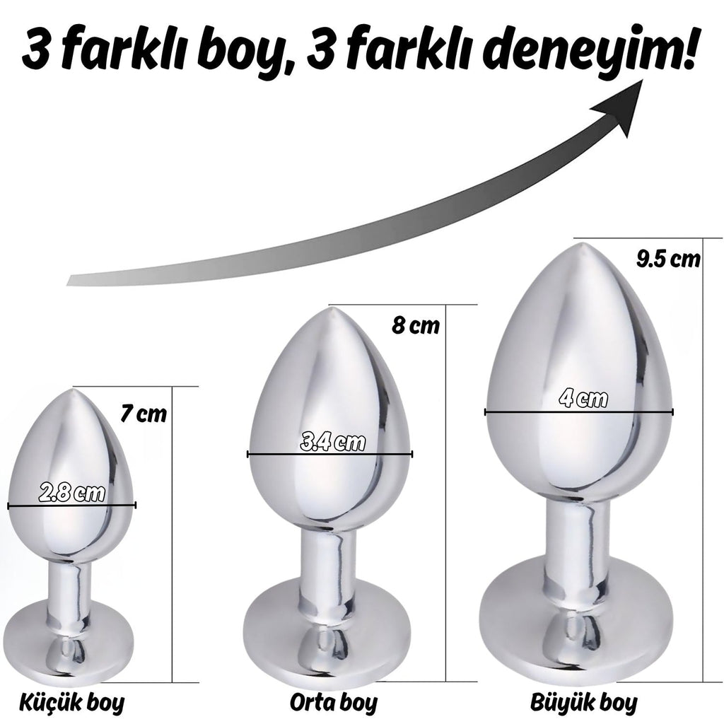 Başlangıç ve İleri Seviye Genişletmek İçin 3 Farklı Boyutta Pembe Mücevher Taşlı Metal Anal Plug Eğitim Set - Gümüş