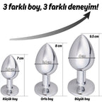 Başlangıç ve İleri Seviye Genişletmek İçin 3 Farklı Boyutta Pembe Mücevher Taşlı Metal Anal Plug Eğitim Set - Gümüş