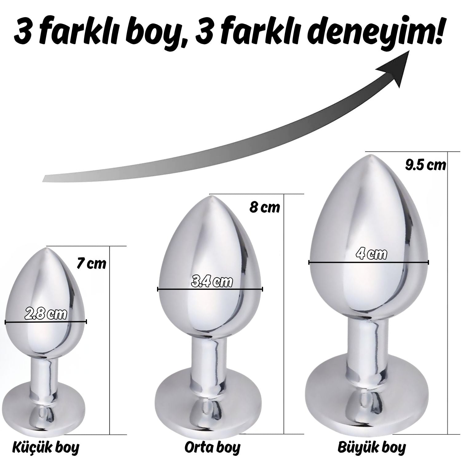 Başlangıç ve İleri Seviye Genişletmek İçin 3 Farklı Boyutta Pembe Mücevher Taşlı Metal Anal Plug Eğitim Set - Gümüş