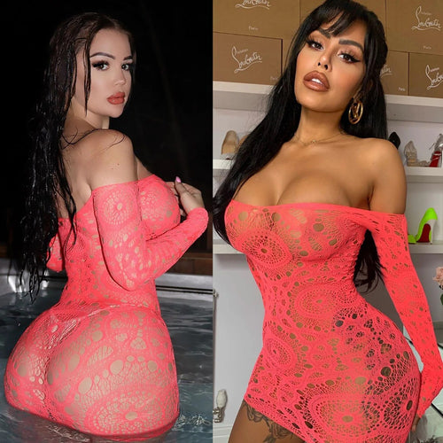 Ateş Kırmızı Uzun Kollu Erotik Dantel ve File Fantezi İç Giyim Seksi Mini Elbise