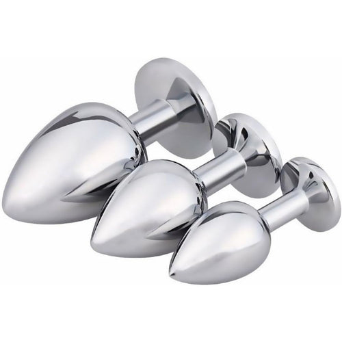 Başlangıç ve İleri Seviye Genişletmek İçin 3 Farklı Boyutta Pembe Mücevher Taşlı Metal Anal Plug Eğitim Set - Gümüş