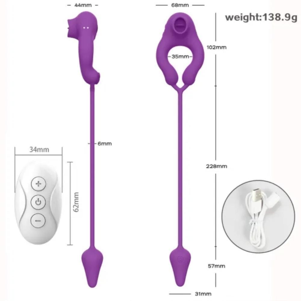 Essence - Şarjlı Kumandalı Anal Uyarıcı Plug ve Klitoris Uyarıcı Dil Vibratörlü Penis Halkası