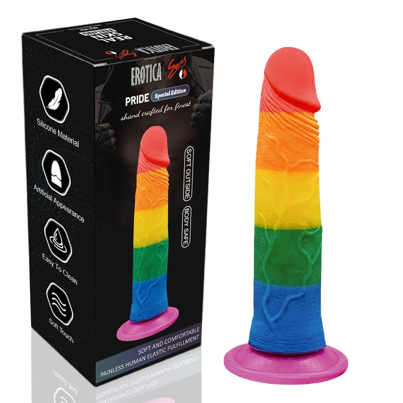 Onur Bayrağı Renkli Ultra Yumuşak Doku Silikon Gerçekçi Yapay Penis Testissiz Realistik Dildo 18.5x3.5 CM