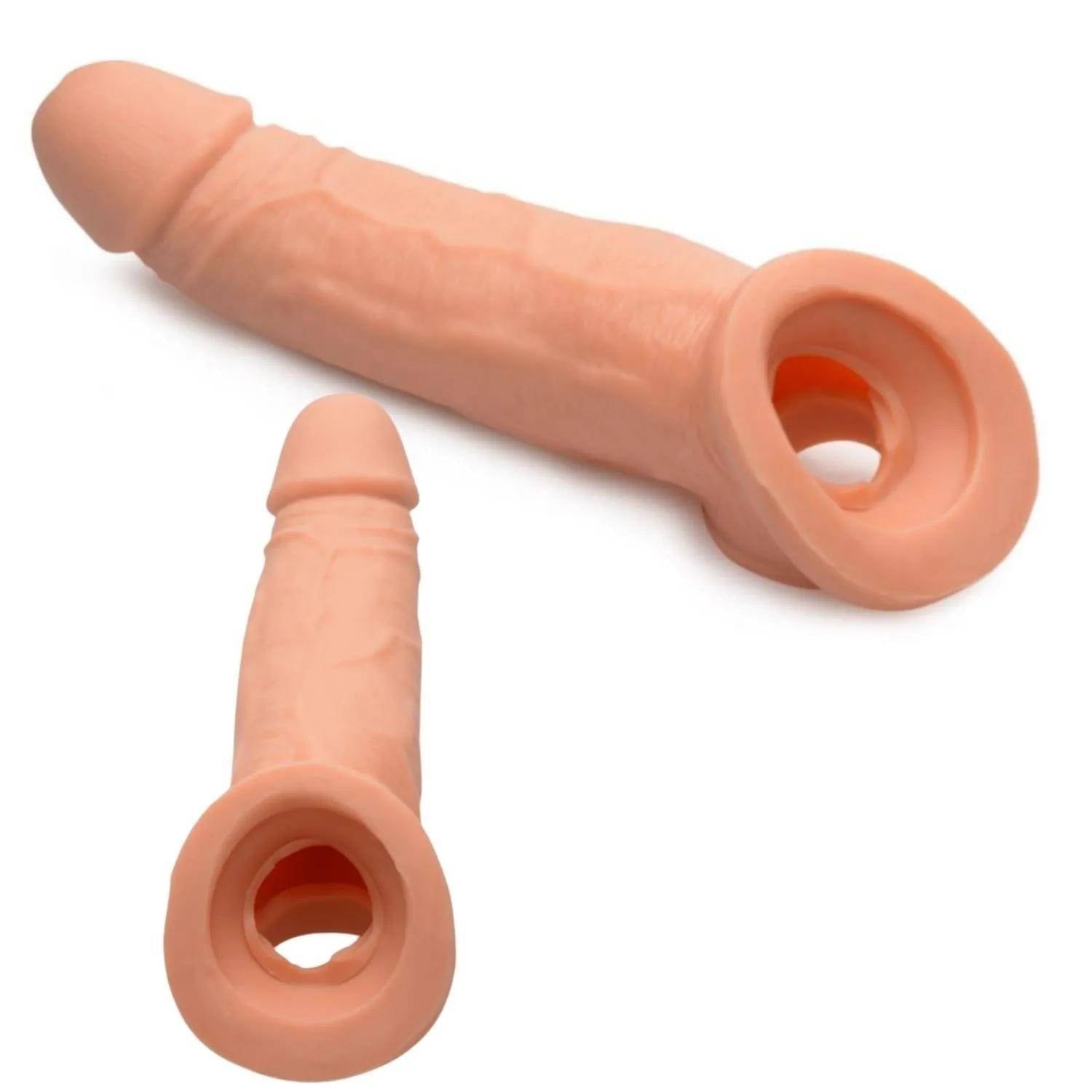 Gerçekçi Doku Penis Büyütücü ve Kalınlaştırıcı 3 CM Uzatmalı Testis Halkalı Realistik Penis Kılıfı 21 CM