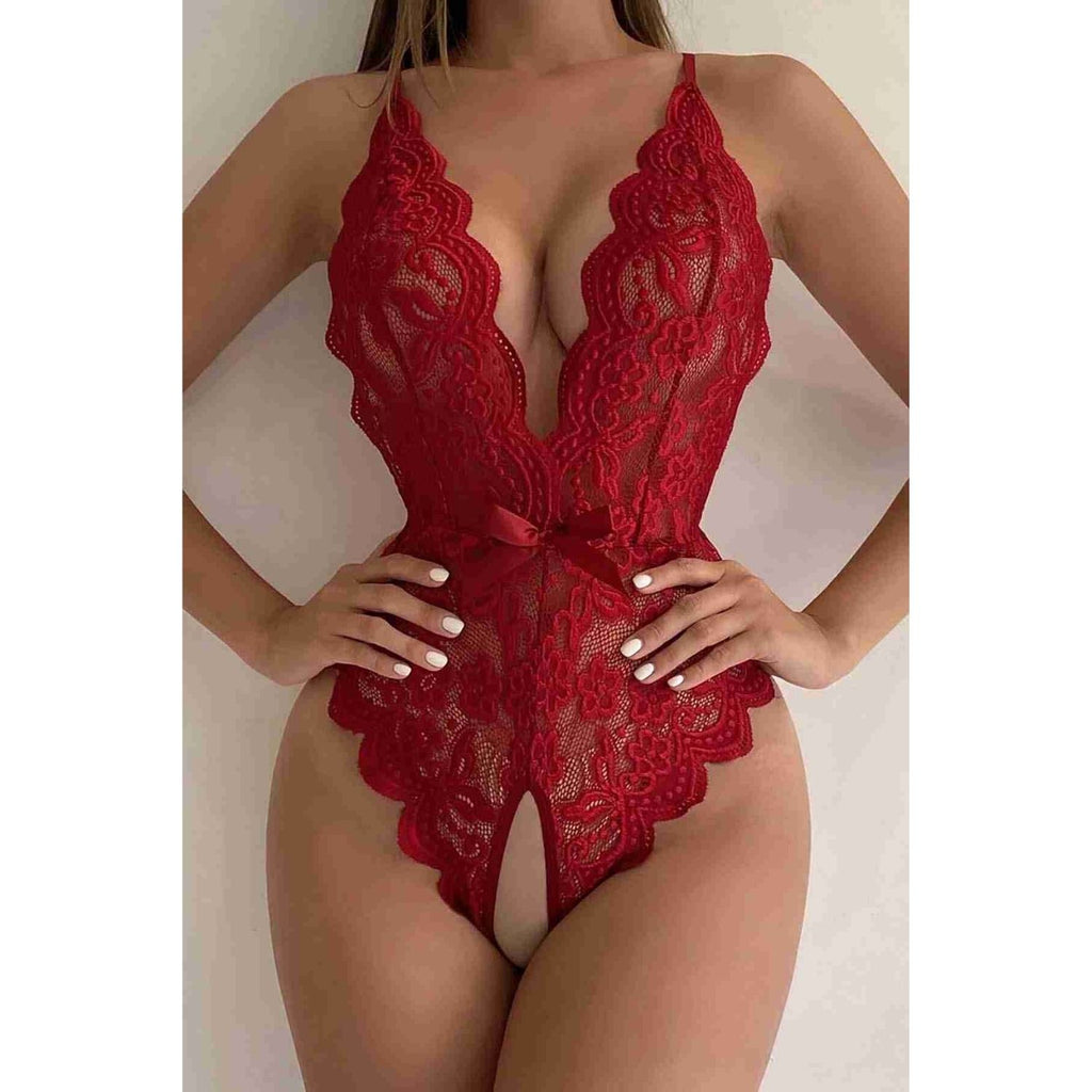 Sens Fantezi İç Giyim Arkası Açık Dantelli Kurdeleli Seksi Bodysuit Erotik Gecelik Kırmızı - 3118