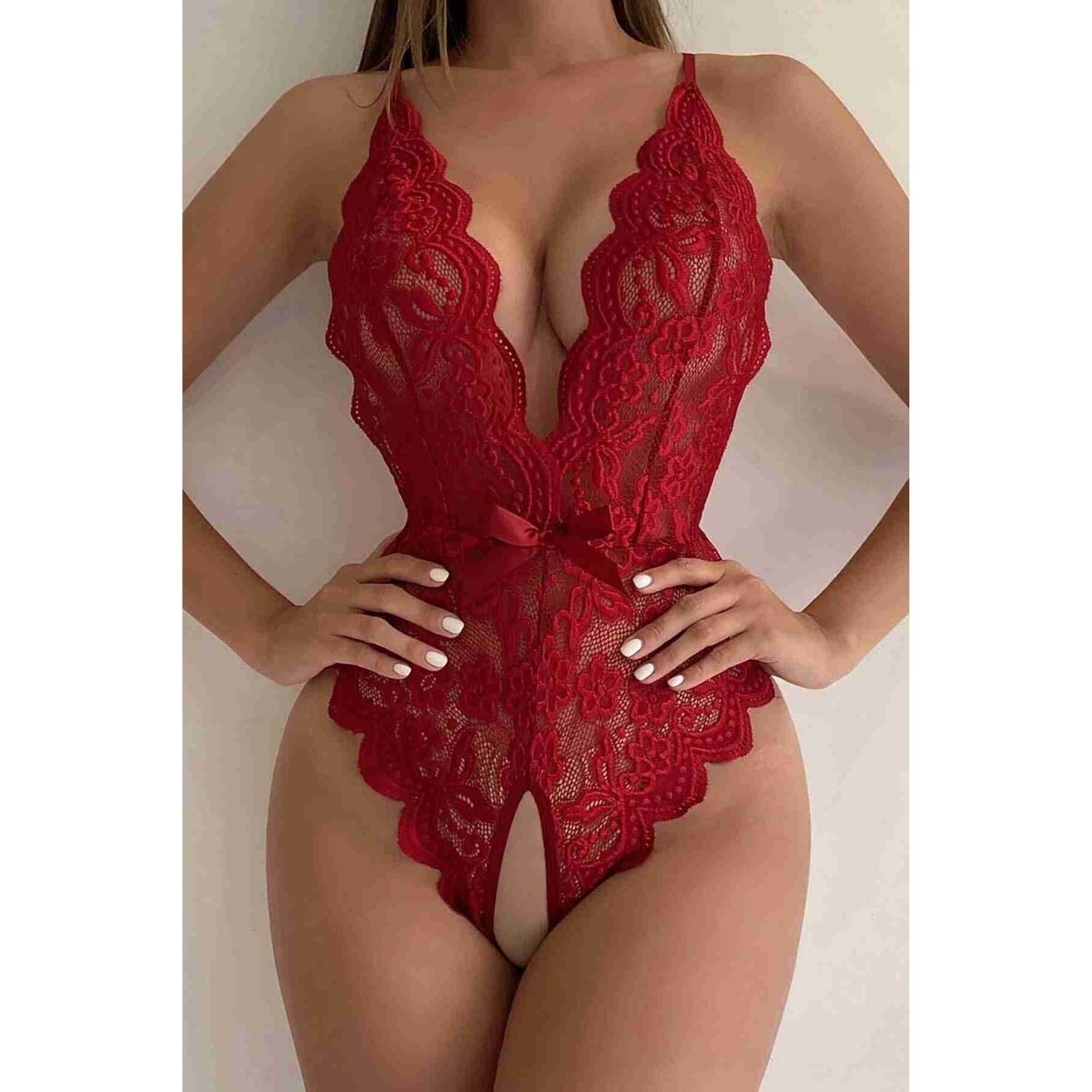 Sens Fantezi İç Giyim Arkası Açık Dantelli Kurdeleli Seksi Bodysuit Erotik Gecelik Kırmızı - 3118