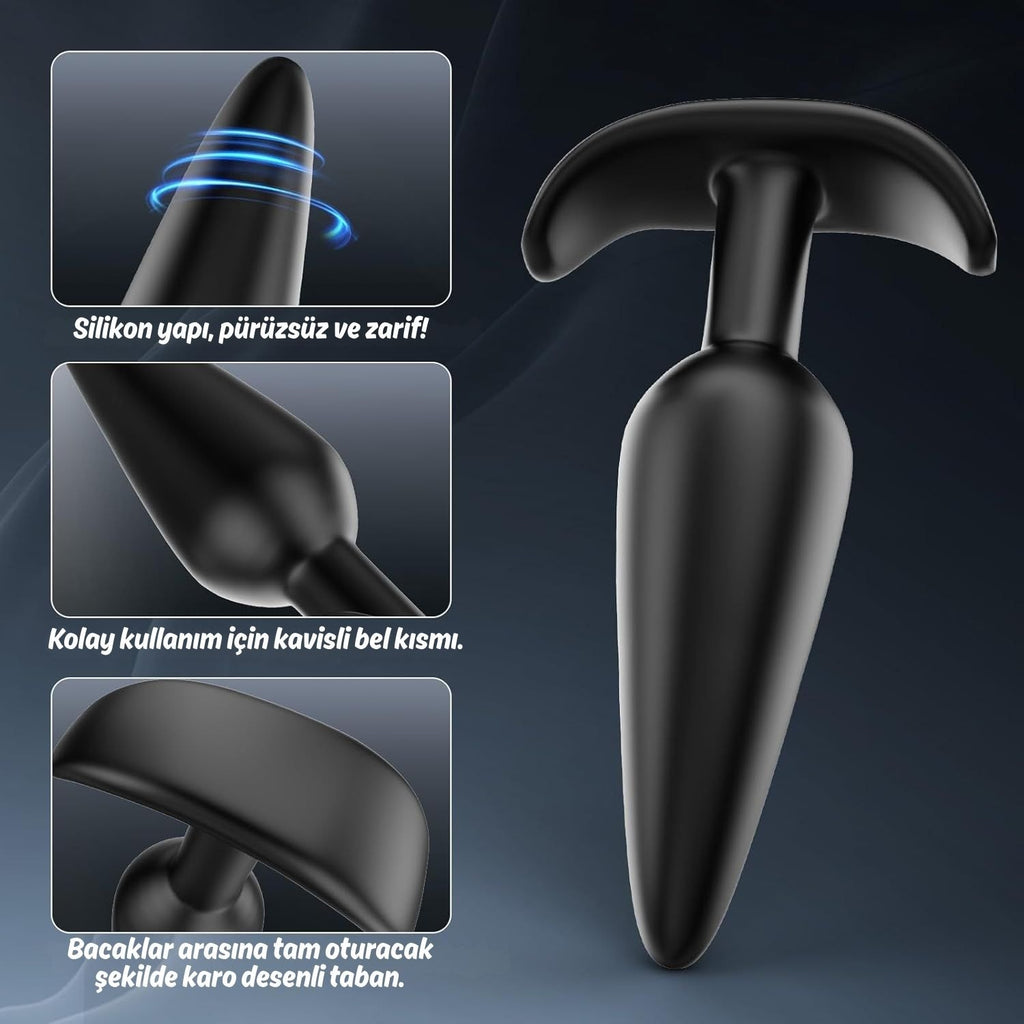 Başlangıç ve İleri Seviye Genişletmek İçin 3 Farklı Boyutta Karo Tabanlı Silikon Anal Plug Set - Siyah