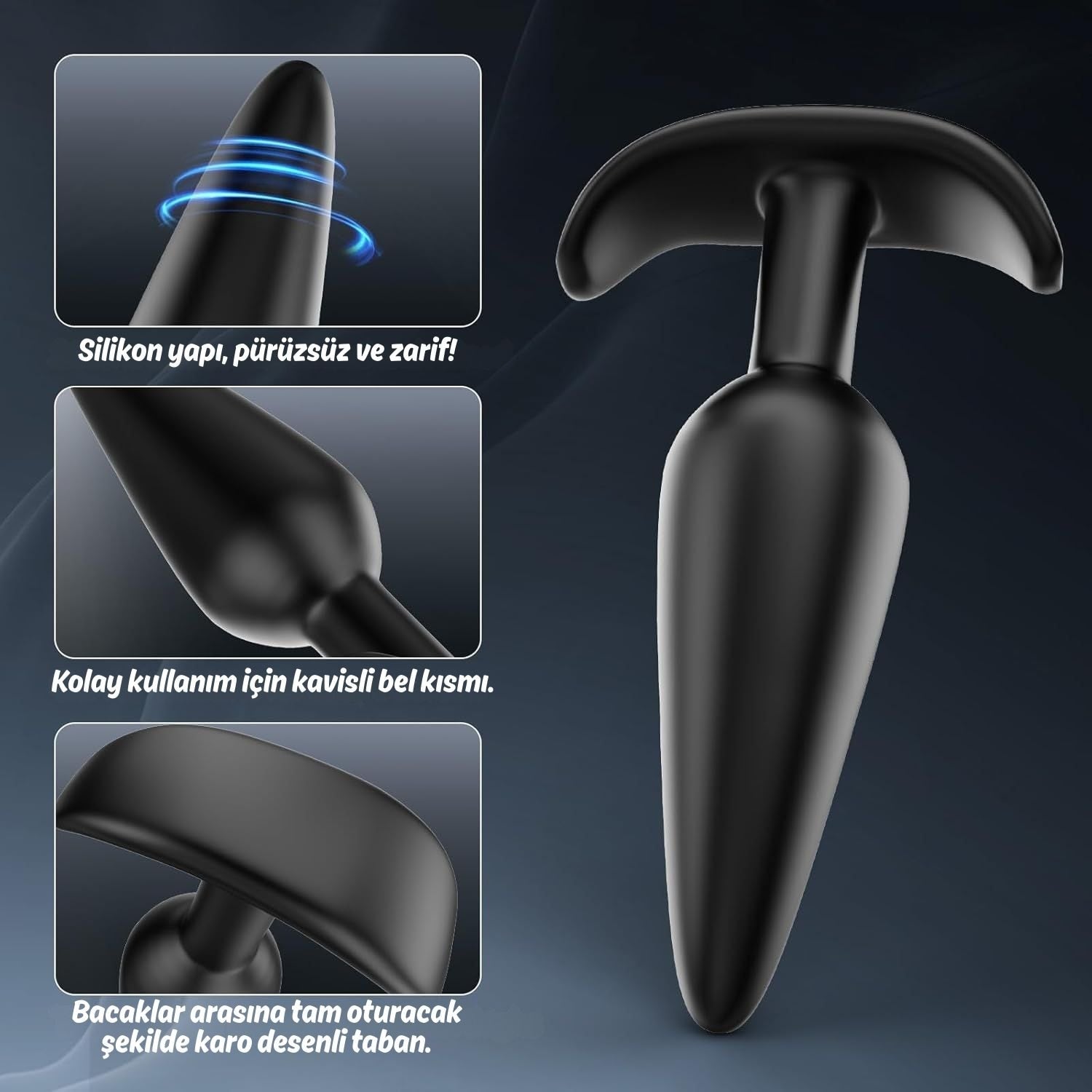 Başlangıç ve İleri Seviye Genişletmek İçin 3 Farklı Boyutta Karo Tabanlı Silikon Anal Plug Set - Siyah