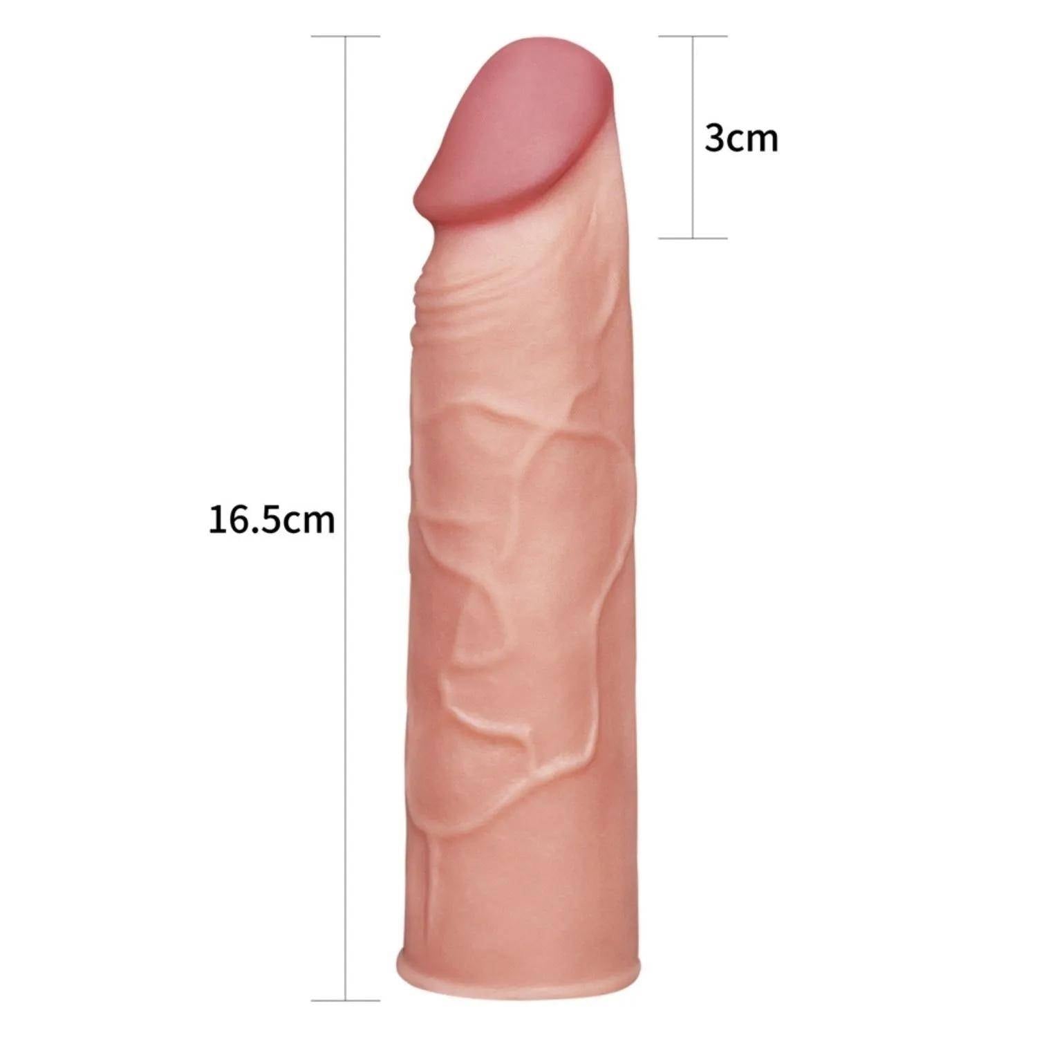 Gerçekçi Doku Penis Büyütücü 3 CM Uzatma Dolgulu ve Kalınlaştırıcı Realistik Penis Kılıfı 16 CM