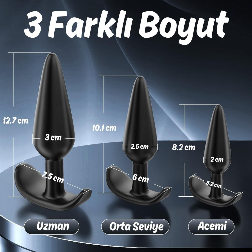 Başlangıç ve İleri Seviye Genişletmek İçin 3 Farklı Boyutta Karo Tabanlı Silikon Anal Plug Set - Siyah