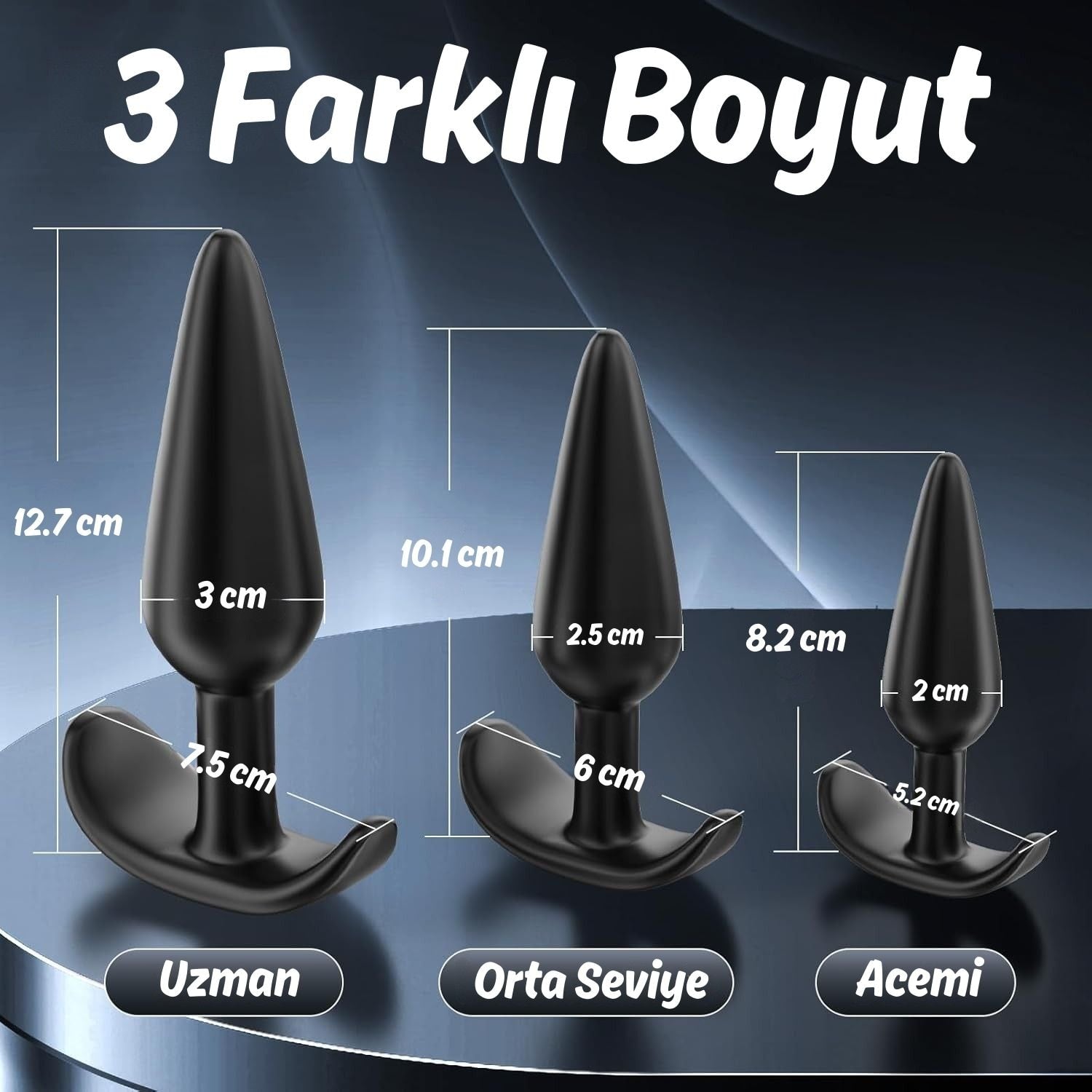 Başlangıç ve İleri Seviye Genişletmek İçin 3 Farklı Boyutta Karo Tabanlı Silikon Anal Plug Set - Siyah