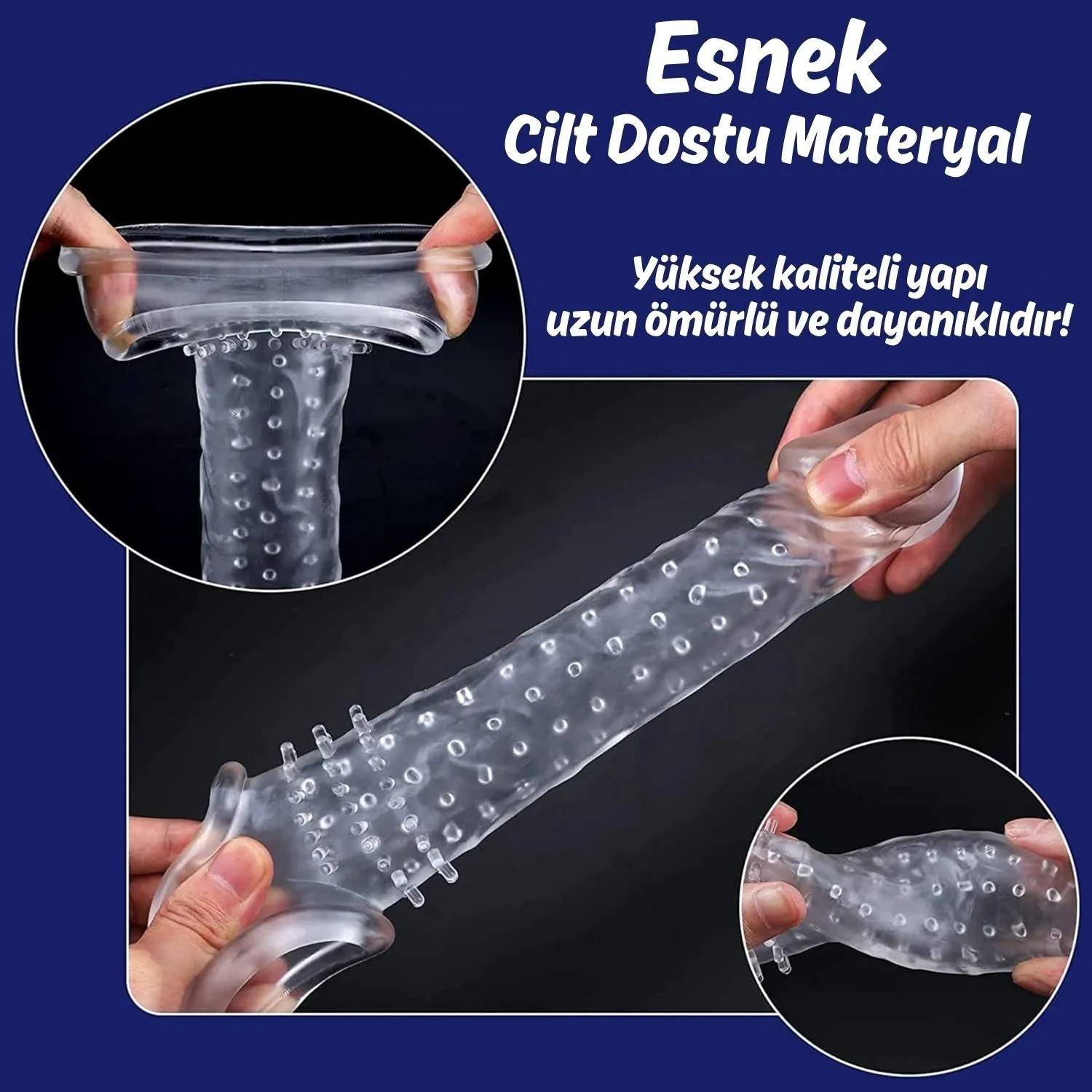 Gerçekçi Doku Penis Büyütücü ve Kalınlaştırıcı 4 CM Uzatmalı Şeffaf Realistik Penis Kılıfı 21 CM