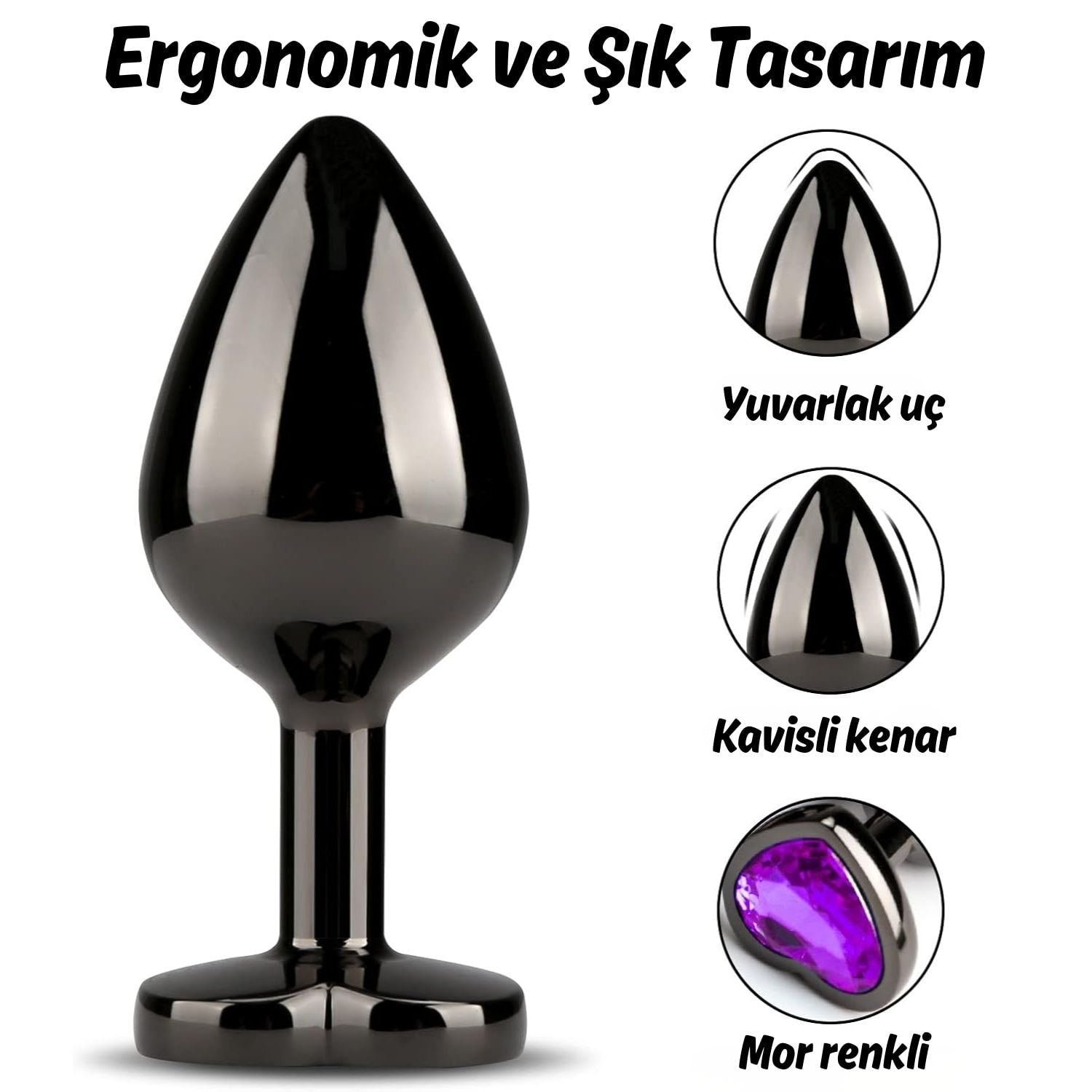 Başlangıç ve İleri Seviye Genişletmek İçin 3 Farklı Boyutta Mor Mücevher Taşlı Metal Anal Plug Eğitim Set - Siyah