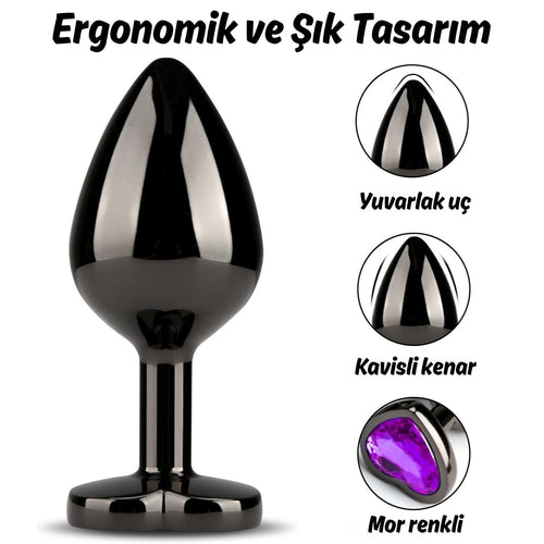 Başlangıç ve İleri Seviye Genişletmek İçin 3 Farklı Boyutta Mor Mücevher Taşlı Metal Anal Plug Eğitim Set - Siyah