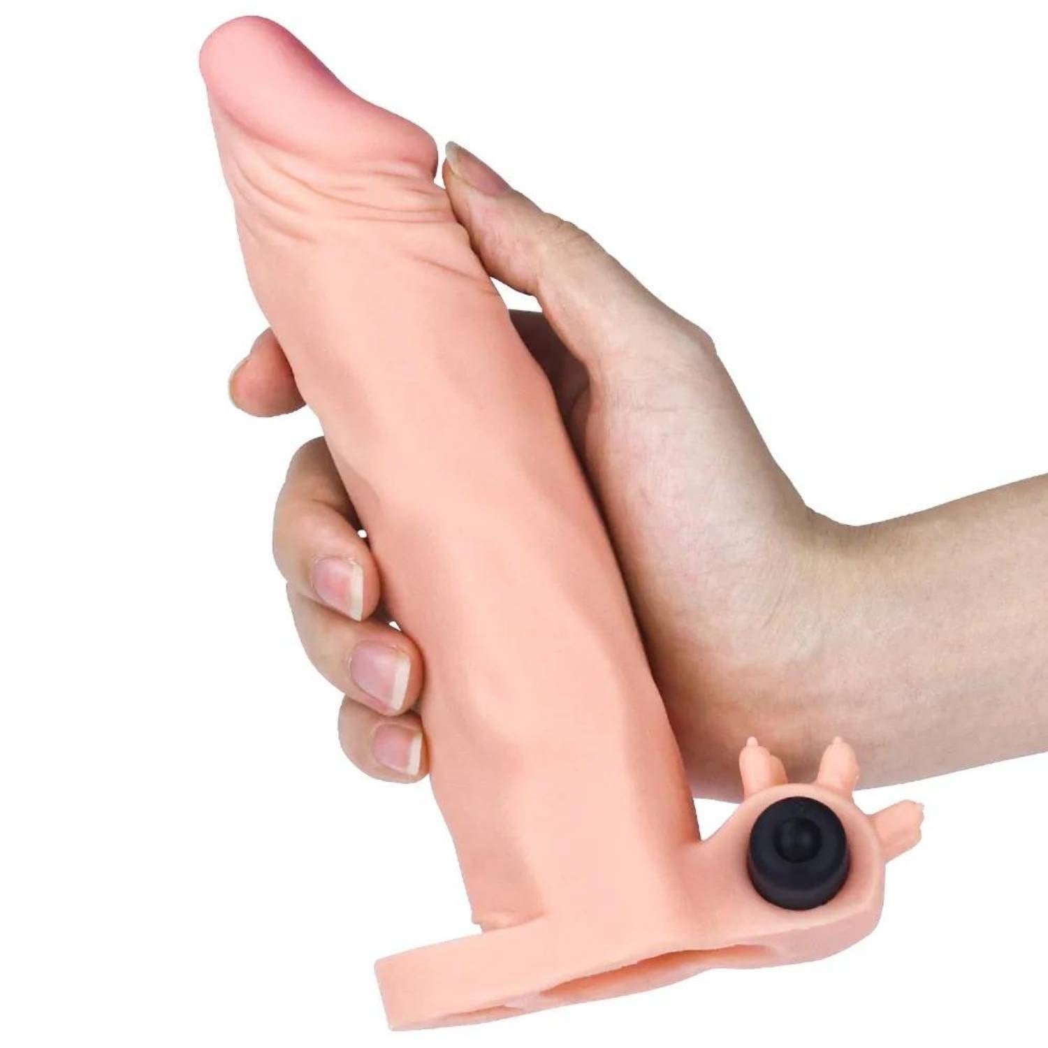 Gerçekçi Doku Penis Büyütücü Kalınlaştırıcı 5 CM Uzatmalı Klitoris Uyarıcı Titreşimli Realistik Penis Kılıfı 19 CM
