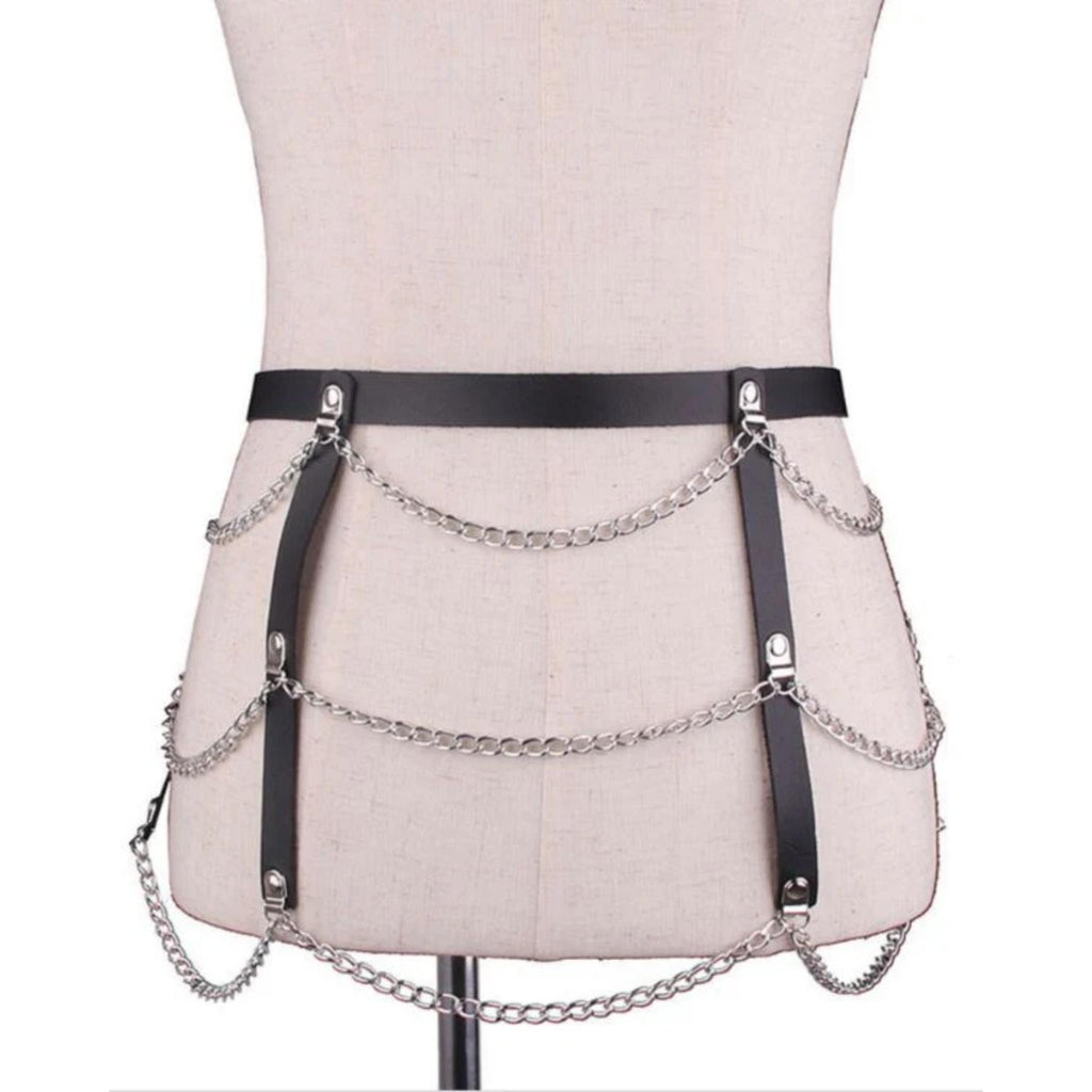 Sens Fantezi İç Giyim Zincirli Alt Üst Sütyen Erotik Takım Deri Fetiş Harness Set - J423