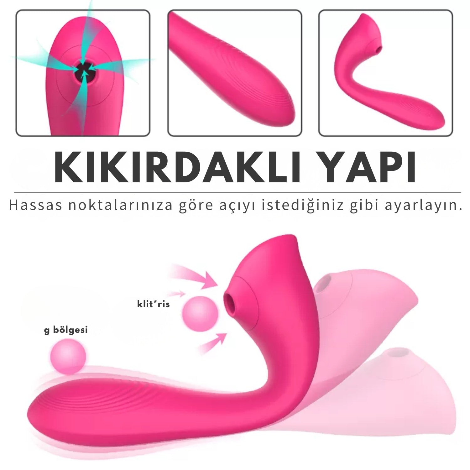Otomatik Isıtmalı Kıkırdaklı Bükülebilir Klitoris Emiş Güçlü ve G-Spot Uyarıcı Titreşimli 2 in 1 Vibratör