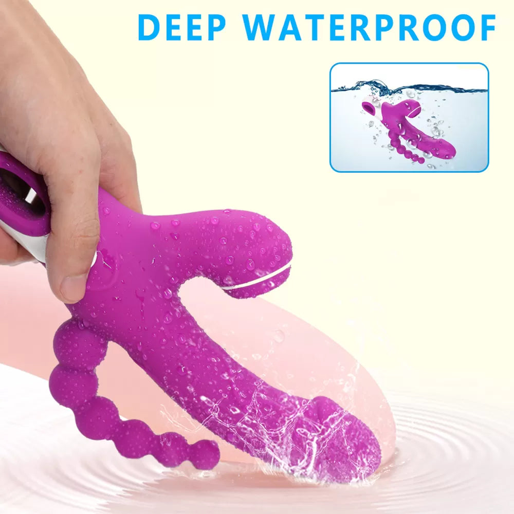 Eros -  Şarjlı Triple Anal Beads G Spot ve Klitoris Uyarıcı Güçlü Titreşimli 3 in 1 Damarlı Dildo Emiş Vibratör