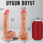 Güçlü Vantuzlu Eğik ve Damarlı Realistik Dildo Gerçekçi Yapay Penis 18x3.5 CM