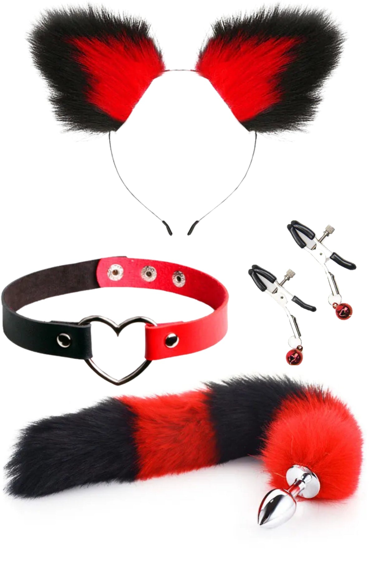 Choker Klips Tüylü Kulak Seti Kırmızı Siyah Kedi Kuyruklu Paslanmaz Çelik Anal Butt Plug