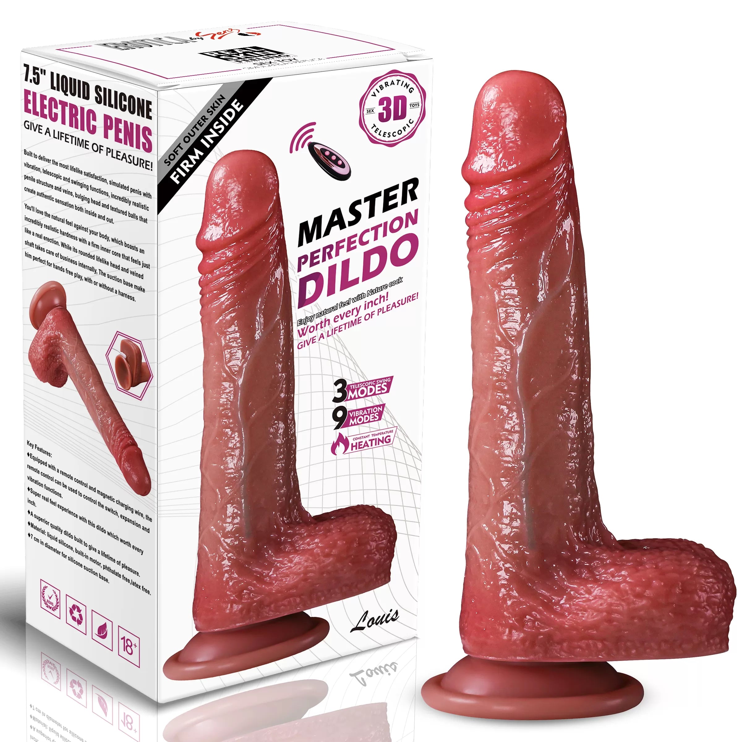 Louis - Şarjlı Uzaktan Kumandalı Isıtmalı İleri Geri Hareketli ve Rotasyonlu Realistik Dildo Gerçekçi Yapay Penis 19 CM
